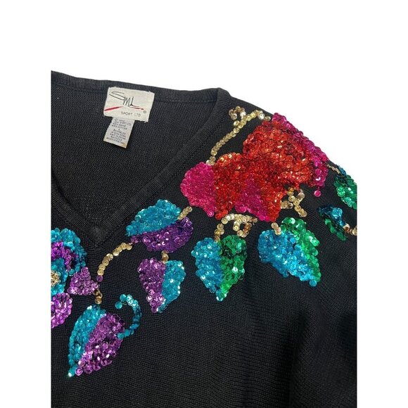 Vtg Sequin Sweater Womens Large Black Ramie Floral Evening Grandma Event Glam - Picture 3 of 8